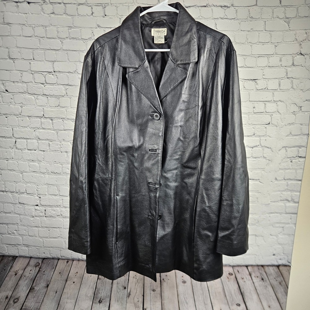 Tribeca Studio Black Leather Jacket Womens 2X Longline Button Front Blazer Coat